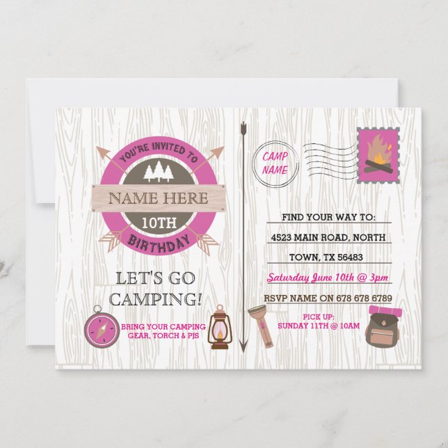 Invitation CAMPING Camp dehors ANNIVERSAIRE FEMME rose invita (Devant)