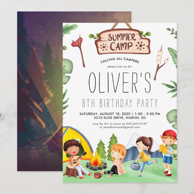 Invitation Camping Camp d'été pour enfants à thème | Annivers (Devant / Derrière)