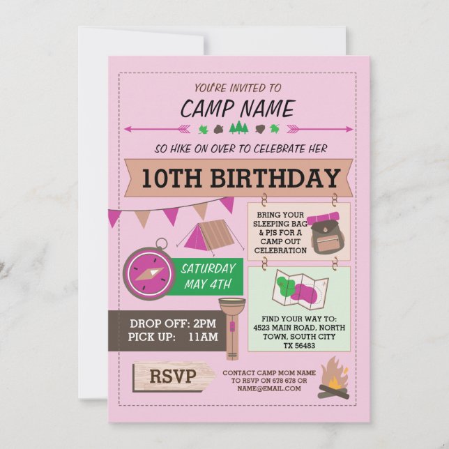 Invitation CAMPING Camp Out BUG ANNIVERSAIRE FILLES invitatio (Devant)