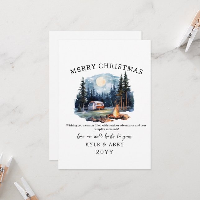 Invitation Camping d'hiver Bonfire Moonlight Christmas Forest (Devant/Arrière en situation)