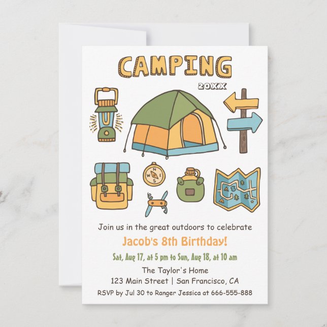 Invitation Camping Doodle Anniversaire de enfant Party Invita (Devant)