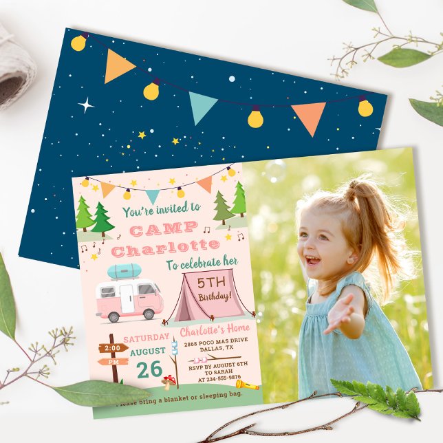Invitation Camping Filles Anniversaire Camp hors de la fête P (Créateur téléchargé)