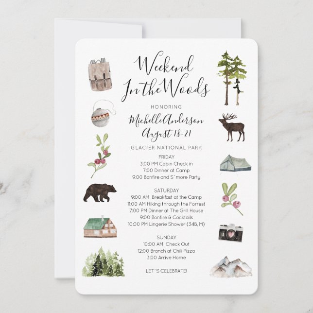 Invitation Camping Glamping Bachelorette Week-end Itinéraire (Devant)