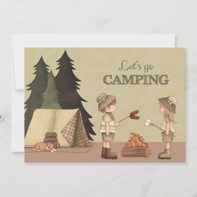 Invitation Camping Let's Go - campeurs, feu de camp, tente (Devant)