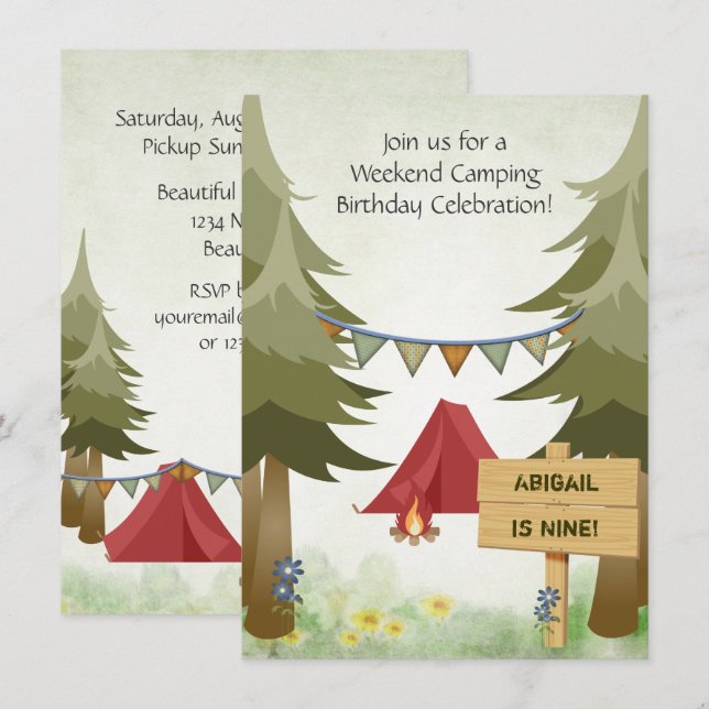 Invitation Camping personnalisé Tentes rouges Bois Anniversai (Devant / Derrière)