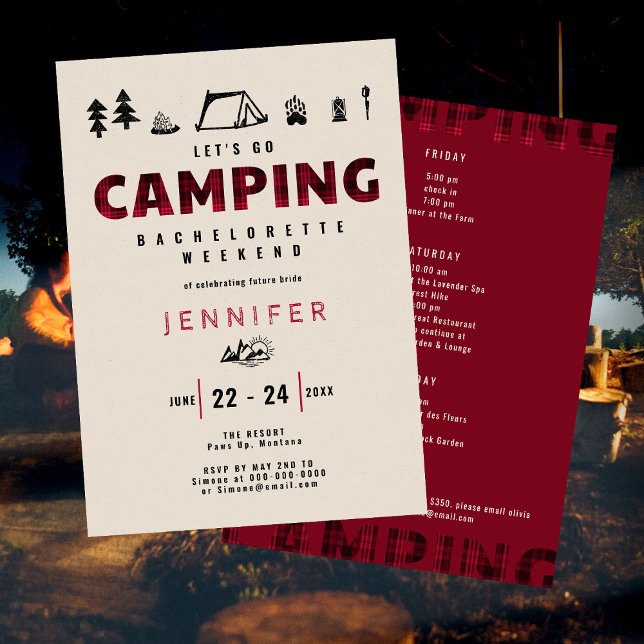 Invitation Camping Red Plaid Outdoors Bachelorette Week-end (Créateur téléchargé)