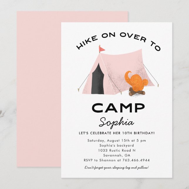 Invitation Camping Rose Cute fête d'anniversaire (Devant / Derrière)