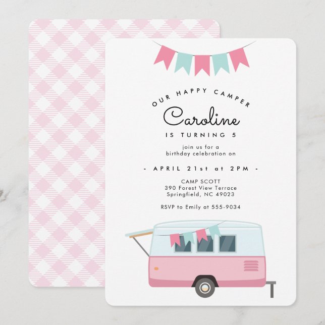 Invitation Camping Rose Cute Joyeux Camper Anniversaire (Devant / Derrière)