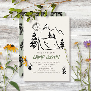 Invitation Camping Tent Mountain Boy dessiné à la main 1er an