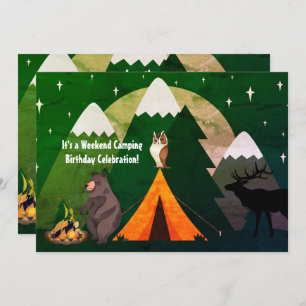 Invitation Camping Tente Forêt Animaux et Montagnes Anniversa