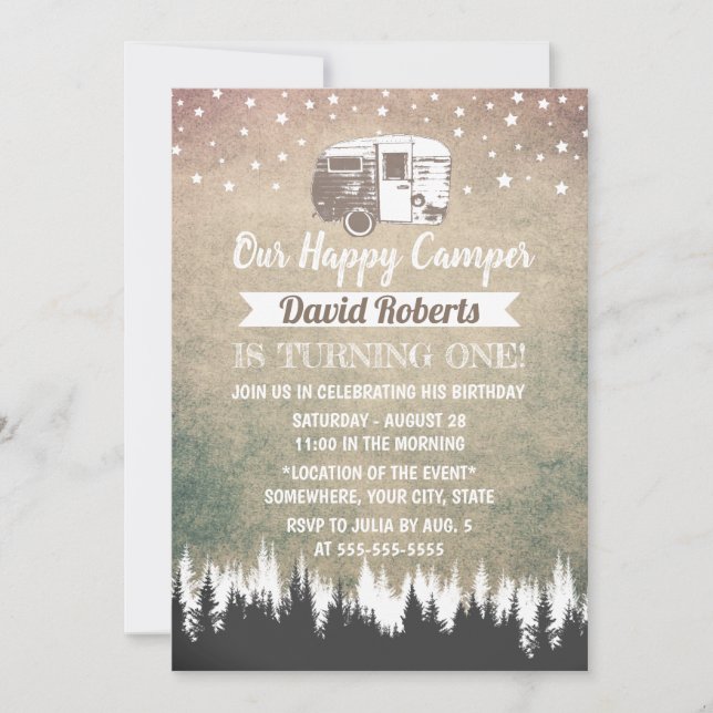 Invitation Camping Trailer Happy Camper Rustic Anniversaire (Devant)