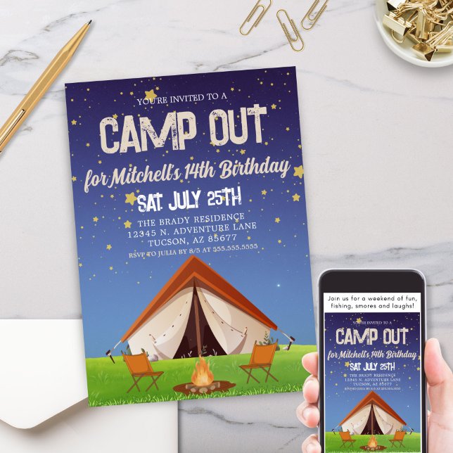 Invitation Camping Week-end Getaway fête d'anniversaire (Fun Kids Family Camping Camp Out Weekend Getaway Group Camping Staycation Birthday Party Invitation)