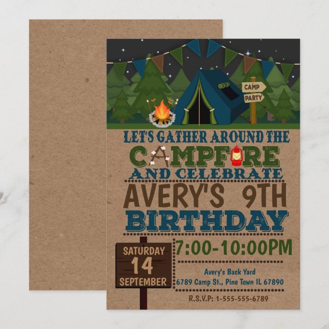 Invitation Campping Cam Anniversaire de la fête Camp de dépar (Devant / Derrière)