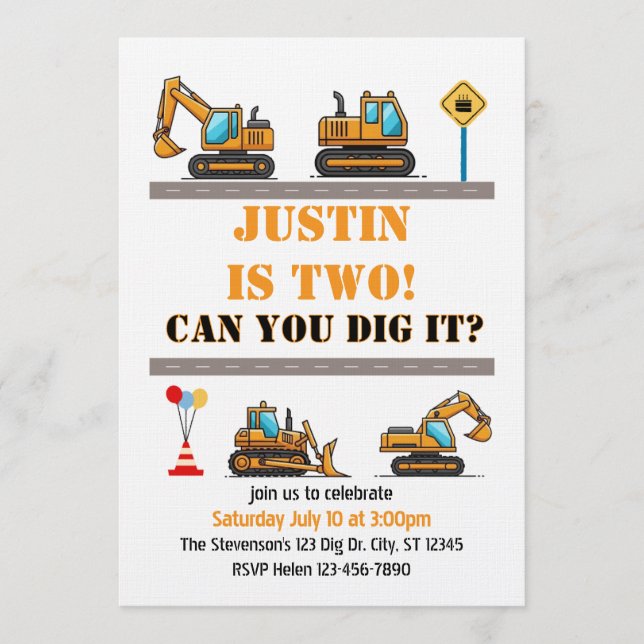 Invitation Can You Dig It, Construction 2nd Birthday (Devant)