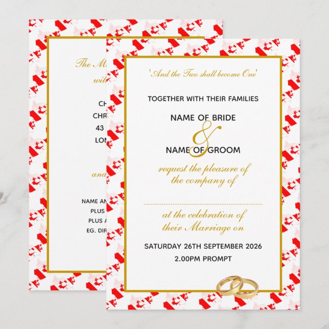 Invitation CANADA Faux Gold Trim Mariage personnalisé (Devant / Derrière)