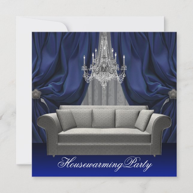Invitation Canapé bleu Damas Chandelier Fête de la Ménage (Devant)