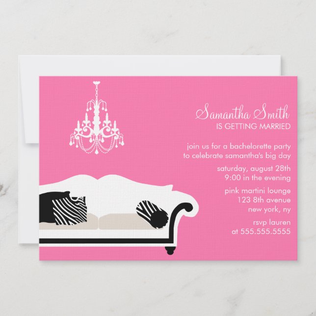 Invitation Canapé élégant rose et fête avec lustre (Devant)