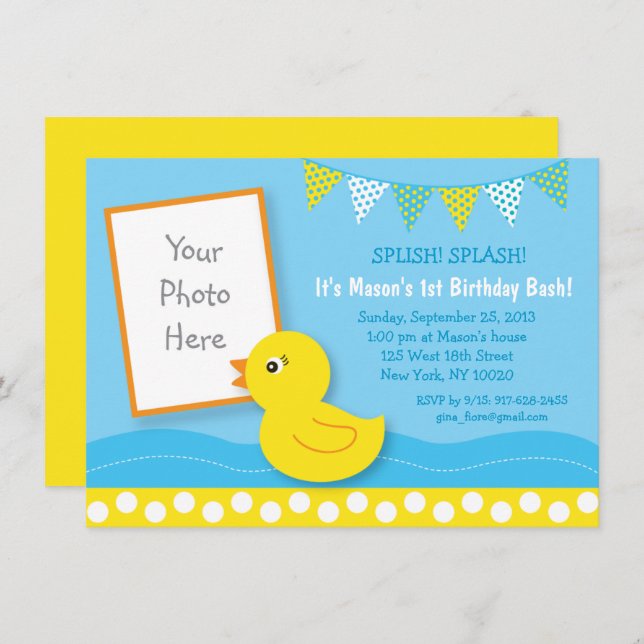 Invitation Canard en caoutchouc 1er anniversaire (Devant / Derrière)