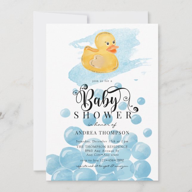 Invitation Canard en caoutchouc | Baby shower bleu (Devant)