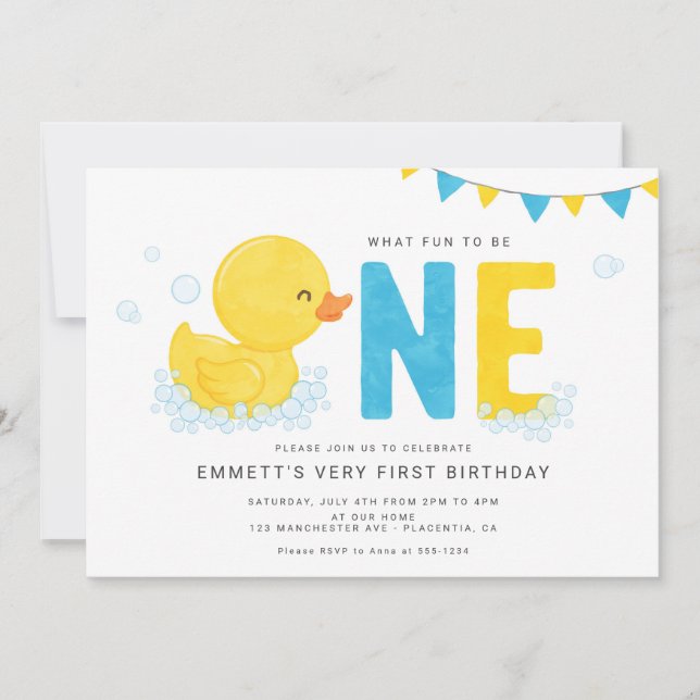Invitation Canard en caoutchouc Premier anniversaire fête ble (Devant)