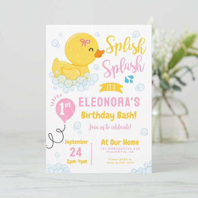 Invitation Canard en caoutchouc Premier anniversaire fête ros (Debout devant)