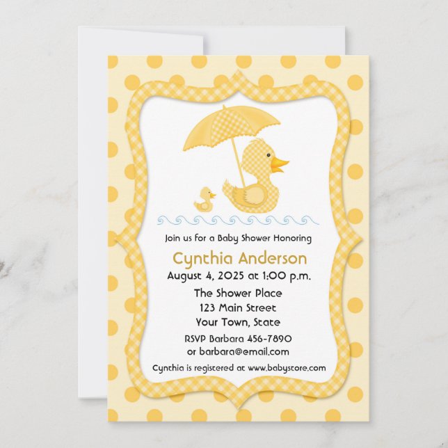 Invitation Canard En vichy jaune avec parapluie, Baby shower (Devant)