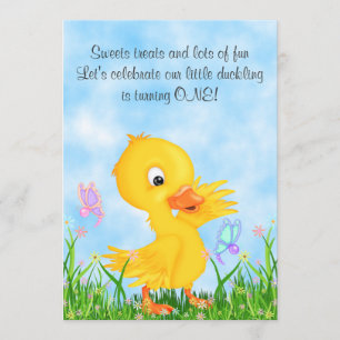 Invitation Canard jaune mignon et papillons 1er anniversaire