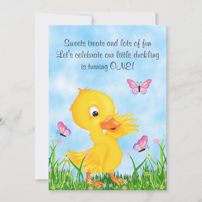 Invitation Canard jaune mignon et papillons 1er anniversaire (Devant)