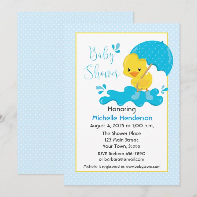 Invitation Canard jaune, Parapluie, Baby shower Pois bleu (Devant / Derrière)