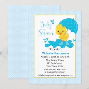 Invitation Canard jaune, Parapluie, Baby shower Pois bleu