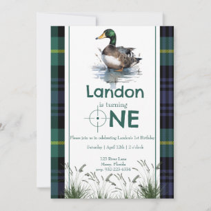 Invitation Canard Thème 1er Anniversaire Chasseur vert plaid