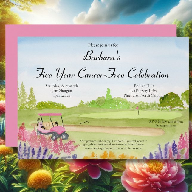 Invitation Cancer Free Celebration Pink Golf Cart Golf Course (Créateur téléchargé)