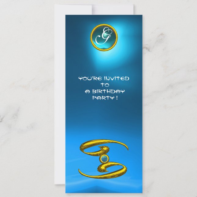 Invitation CANCER OPALE MONOGRAMME saphir bleu clair jaune (Devant)