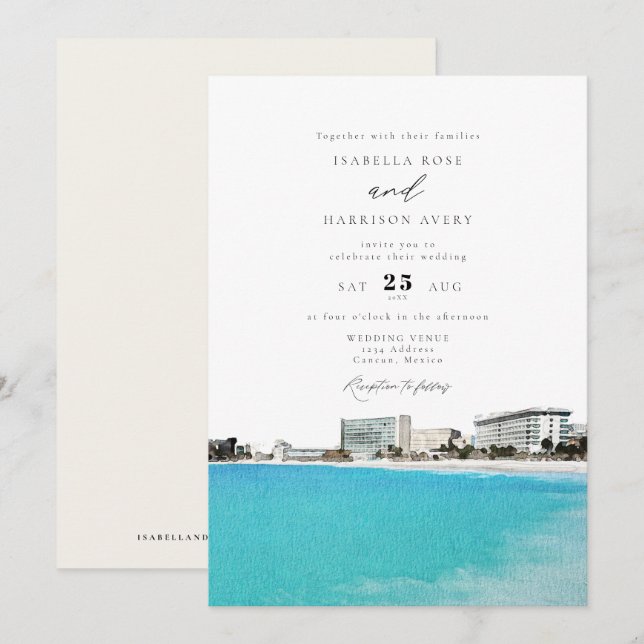 Invitation CANCUN Mexique Aquarelle Mariage Skyline (Devant / Derrière)