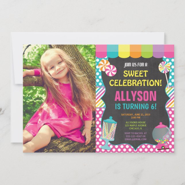 Invitation Candy candyland, fête d'anniversaire en arc-en-cie (Devant)