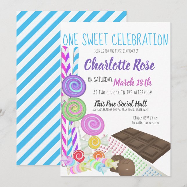 Invitation Candy Sweet Première fête d'anniversaire (Devant / Derrière)