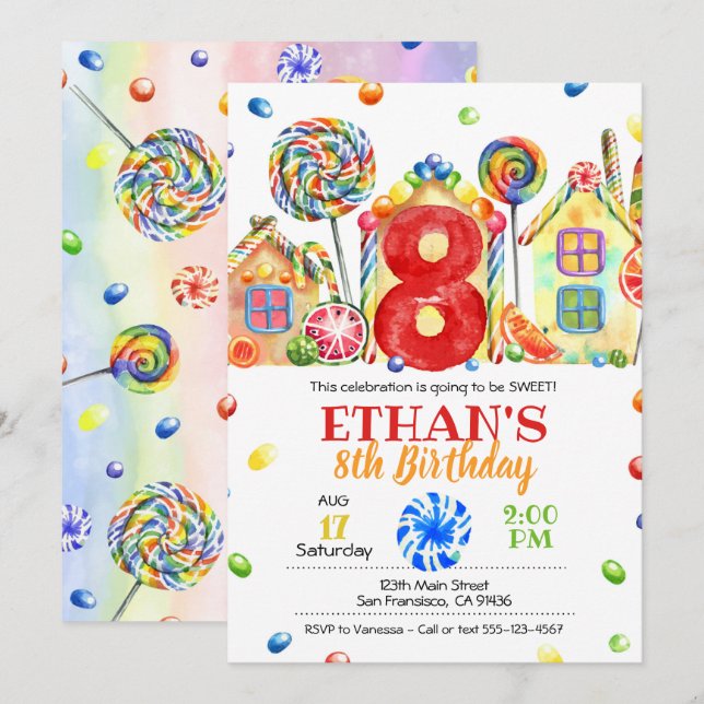 Invitation Candyland Candy pour le thème de la con (Devant / Derrière)