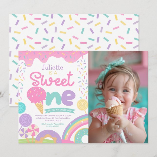 Invitation Candyland et Crème de glace 1er anniversaire (Devant / Derrière)