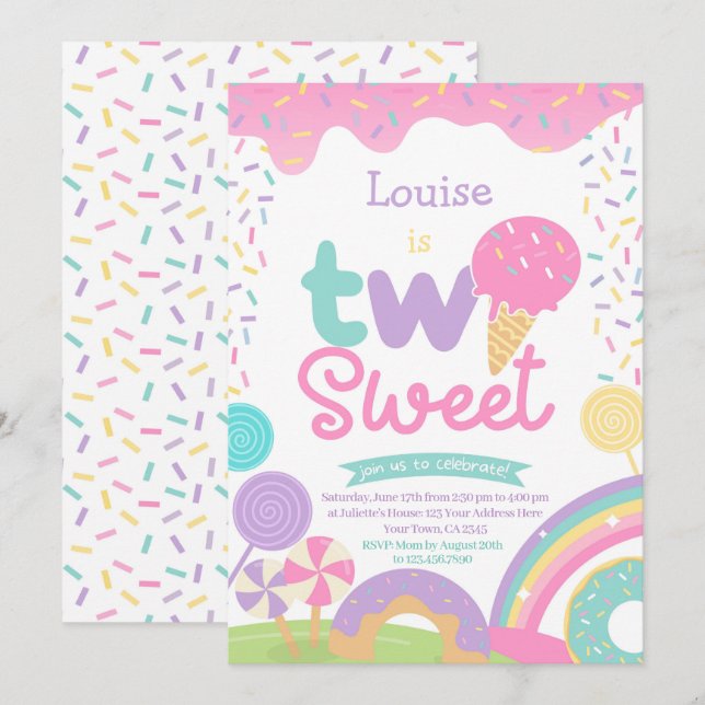 Invitation Candyland et crème glacée, deux douces 2e annivers (Devant / Derrière)