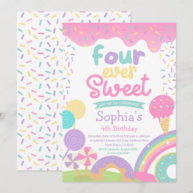 Invitation Candyland et crème glacée Quatre Anniversaire touj (Devant / Derrière)