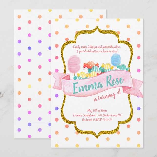 Invitation Candyland Gold Polka dot Birthday Party (Devant / Derrière)