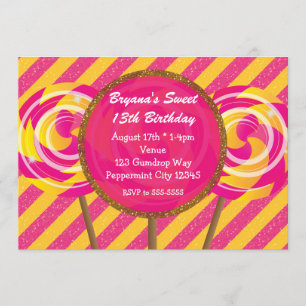 Invitation Candyland Pink & Yellow Lollipops Anniversaire