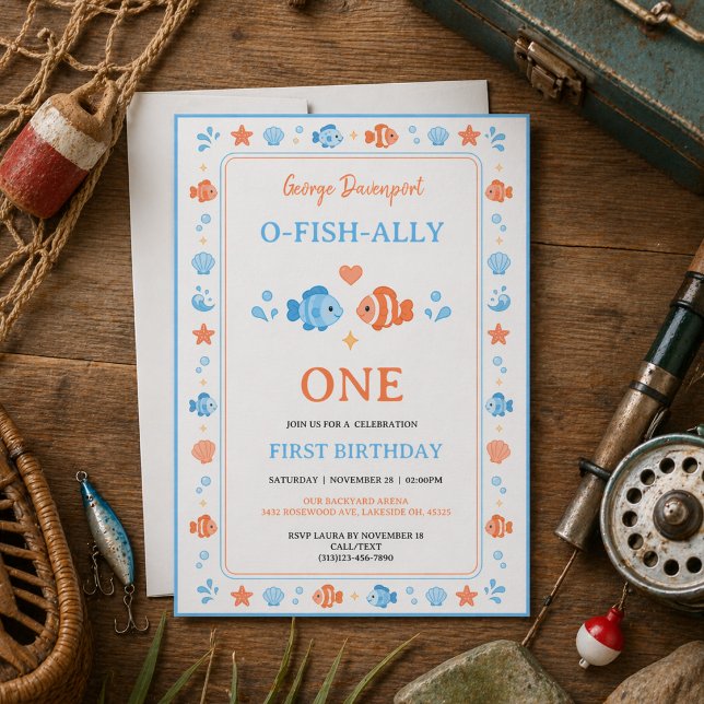 Invitation Canne à pêche vintage O-Fish-Ally One 1er annivers (Vintage Fishing Rod O-Fish-Ally One 1st Birthday I Invitation
)