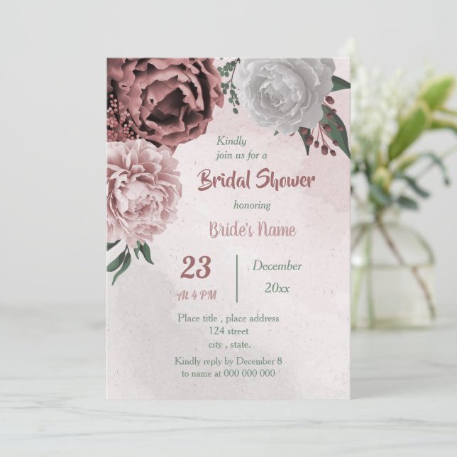 Invitation cannelle rose blanc fleuri vert  douche nuptiale (Debout devant)