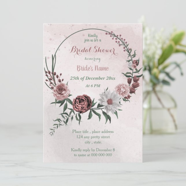 Invitation cannelle rose blanc fleuri wreath nuptiale douche (Debout devant)