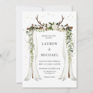 Invitation Canopée Boho Blanc Personnalisé Floral Antler Mari
