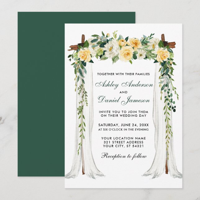 Invitation Canopée mariage Aquarelle Jaune Floral Vert (Devant / Derrière)