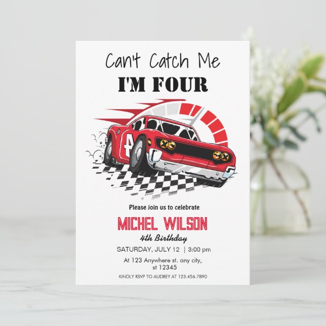 Invitation Can't Catch Me I'm Four red race car Birthday Boy (Debout devant)