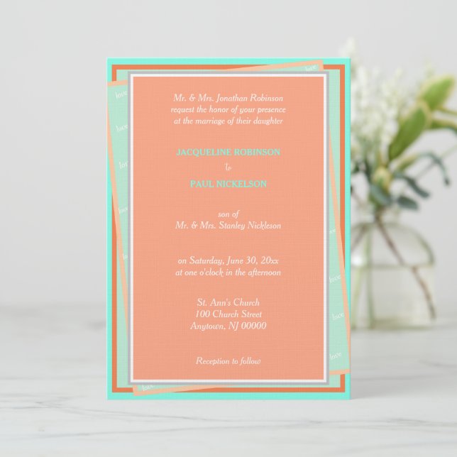 Invitation Cantaloupe Turquoise Love Géométrique (Debout devant)