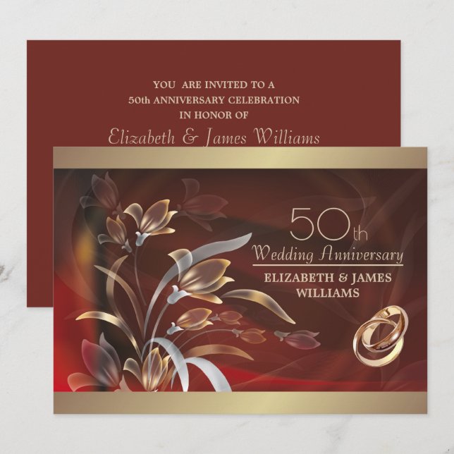 Invitation Caoba Gold Floral 50e anniversaire Mariage (Devant / Derrière)